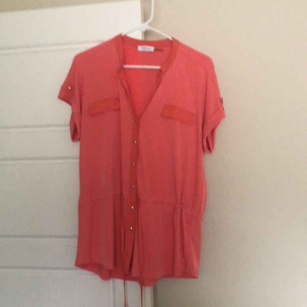 Calvin Klein Draw String button down Blouse L - orange